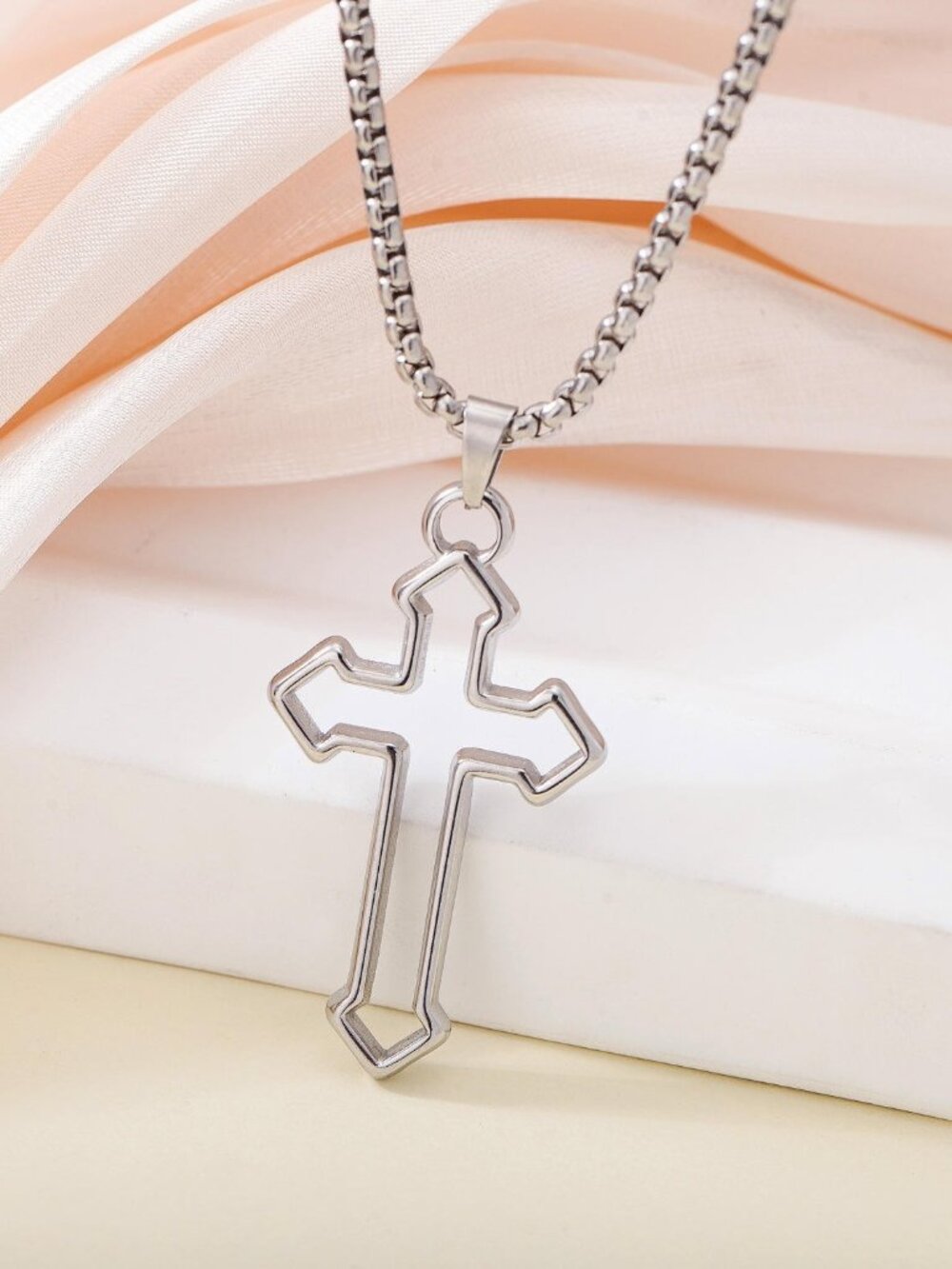 Silver Cross Pendant Necklace Open Outline Christian Religious Jewelry Gift